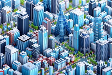 Aufkleber - a city with a lot of buildings and lights, Design an isometric 3D model of a tech-forward smart city filled with skyscrapers