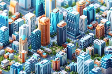 Aufkleber - a city with a lot of buildings and lights, Design an isometric 3D model of a tech-forward smart city filled with skyscrapers