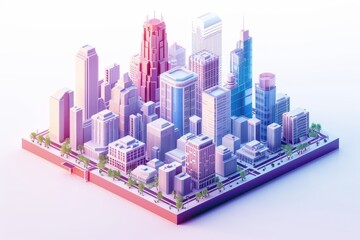 Poster - a city with a lot of buildings and lights, Design an isometric 3D model of a tech-forward smart city filled with skyscrapers