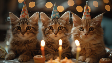 Wall Mural - Cats are celebrating birthday with cake and candles. Holidays and celebration concept.