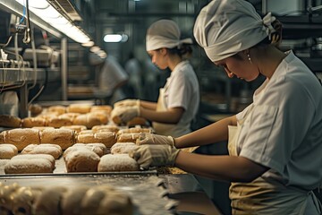 Poster - a group of women working in a bakery, Factory workers packaging freshly baked goods