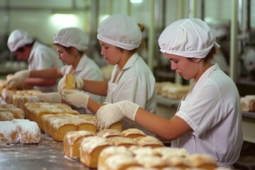 Poster - a group of women working in a bakery, Factory workers packaging freshly baked goods