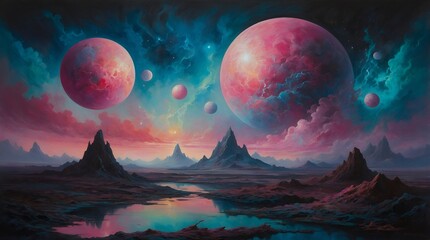 Wall Mural - In a mesmerizingly surreal alien landscape, swirling nebulae dance in iridescent hues of pink and teal against a velvety black sky.