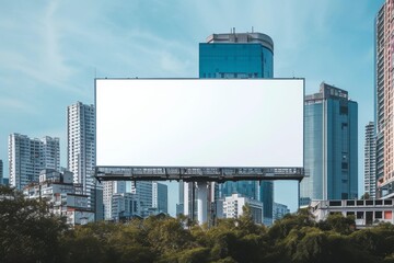 Fototapete - a billboard on a roof with a city in the background, Minimalist billboard mockup with a cityscape backdrop