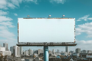 Fototapete - a billboard on a roof with a city in the background, Minimalist billboard mockup with a cityscape backdrop