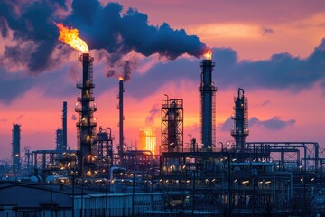 a factory with smoke stacks and a sunset, Oil refinery with gas flares burning at dusk