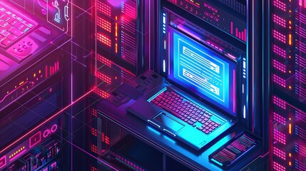 Server racks, cloud computing and laptop showing program in isometric style design