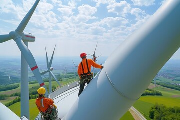 two men are standing on a wind turbine, two men are standing on a wind turbine, two men are standing on a wind turbine, Workers maintaining wind turbines in a wind farm