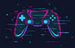 © ssstocker - Glitch gamepad. Futuristic glitchy joystick cyber game zone logo gaming tournament poster, casual gamer controller light neon effect, esport action games neat vector illustration