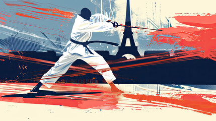 Wall Mural - A martial artist performing a dynamic move with the Eiffel Tower in the background, showcasing a blend of sport and the elegance of Paris in a striking illustration