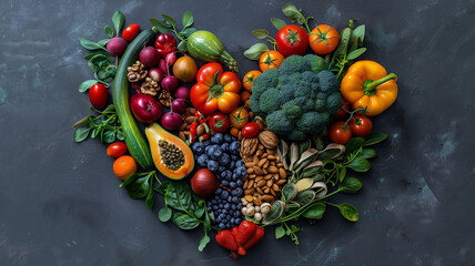 Wall Mural - Heart shape by various vegetables on wooden background. Healthy food concept. top view