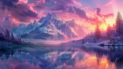 Majestic mountain landscape, serene lake with perfect reflection, vibrant pink and purple sky