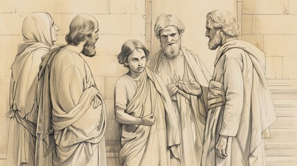 Biblical Illustration: Jesus Discusses with Teachers in Temple, Parents Find Him, Beige Background, Copyspace