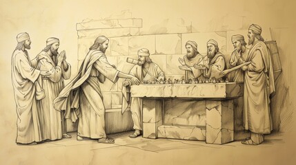 Wall Mural - Biblical Illustration: Jesus Cleanses Temple, Overturned Tables, Money Changers Driven Out, Beige Background, Copyspace