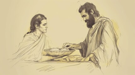 Wall Mural - Biblical Illustration: Elijah and Widow, Endless Oil and Flour, Famine Relief, Beige Background, Copyspace