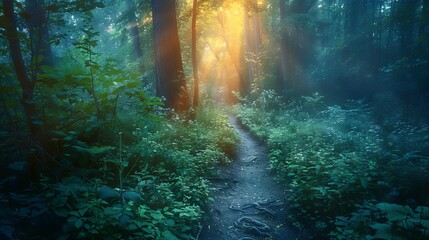 Wall Mural - mysterious path through dense fairy tale forest at dusk fantasy nature landscape