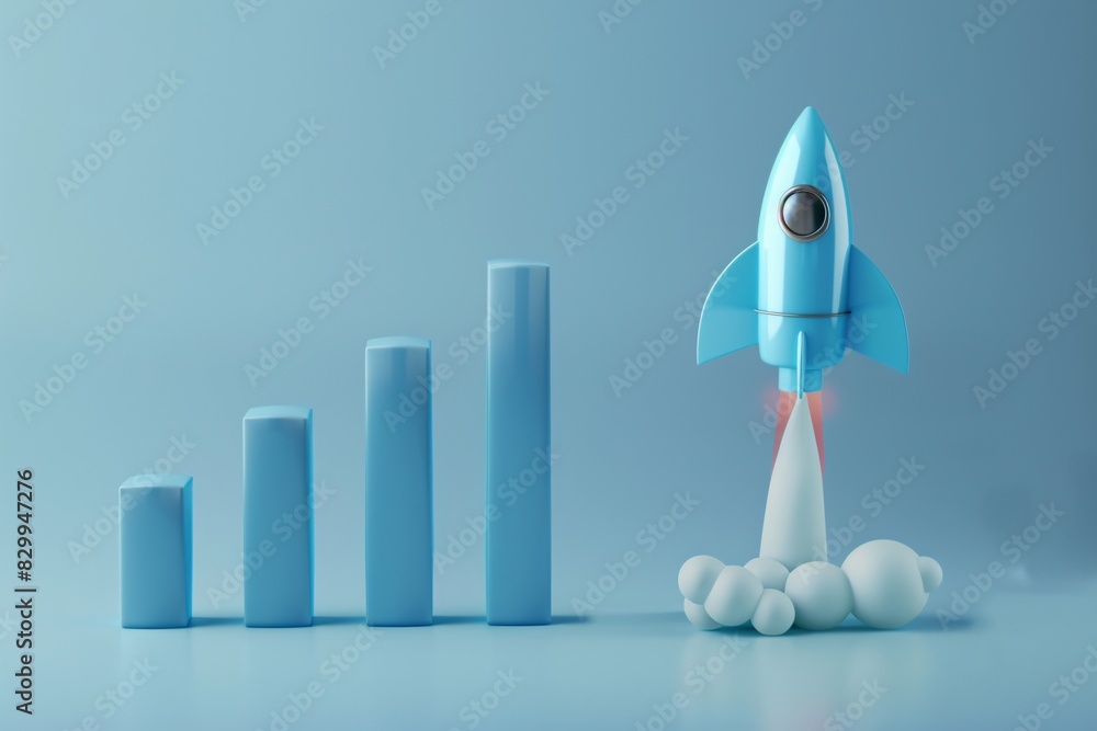 Business growth graph 3d bar chart, little blue rocket flying upward ...