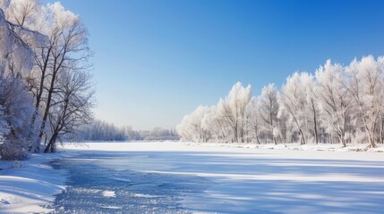 A serene winter landscape with a frozen lake and snow-covered trees under a bright blue sky