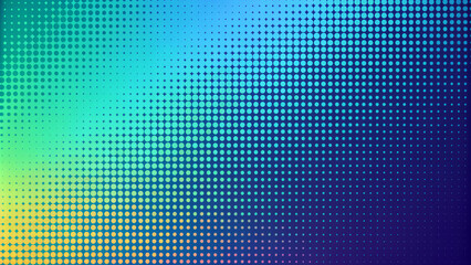 Poster - The gradient of blue and yellow dots creates a half-tone effect that resembles a digital sunrise or a landscape on the horizon. The tiny, round dots vary systematically in size and colour.AI generated