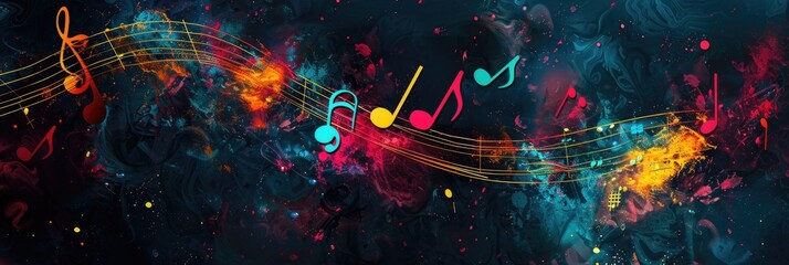 Wall Mural - Colorful background with musical notes. The concept of music, songs, and sounds. To advertise concerts, songs, and compositions.