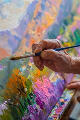 A close-up of an artist's hand painting a vibrant landscape on a canvas, highlighting the creative process