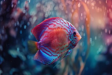 Wall Mural - Radiant underwater majesty. Discus fish (symphysodon aequifasciatus) with gorgeous color patterns in aquarium