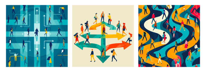 Life path choosing cartoon vector concepts. Walking people direction route group crowd, arrows following crossed paths road signs oneself searching characters color illustration