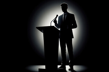 Silhouette of a man delivering a presentation on stage Isolated on black background