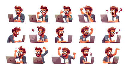 Programmer working laptop cartoon vector scenes. Man beard glasses success embarrassed anger rage joy bewilderment despair boredom emotions tired worker deadline overworked character, illustration