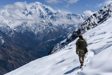 A Indian army soldier in uniform with guns walks in the snow-covered mountains