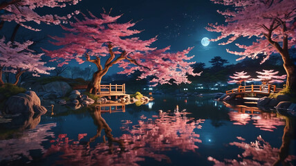 Canvas Print - Night Japanese pond and cherry tree background depicted in a spring lake garden landscape in a Chinese park scene. Generative AI.