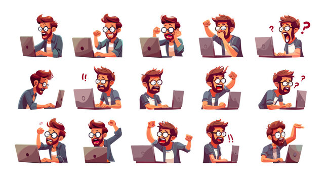 programmer working laptop cartoon vector scenes. man beard glasses success embarrassed anger rage jo