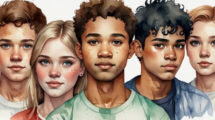 watercolor painting of group diversity teenager 