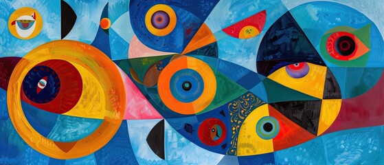 Wall Mural - Vibrant abstract painting featuring colorful geometric patterns and shapes on a textured background. Ideal for modern decor and artistic inspiration.
