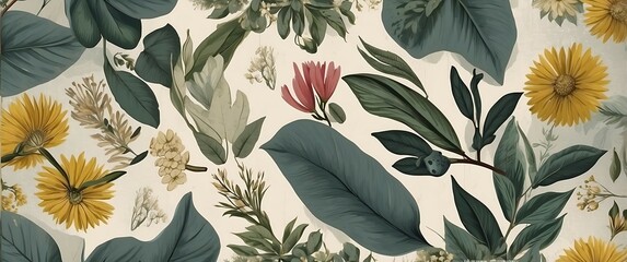 Wall Mural - Vintage floral seamless pattern with leaves on a beige background