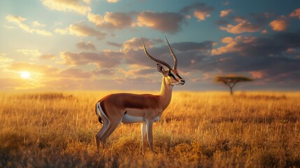 graceful gazelle standing in golden savanna at sunset with acacia tree and dramatic sky