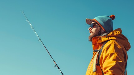 Wall Mural - An angler is a person who has a passion and interest in fishing, whether for relaxation, sport, or for catching fish as food. Isolated blue background