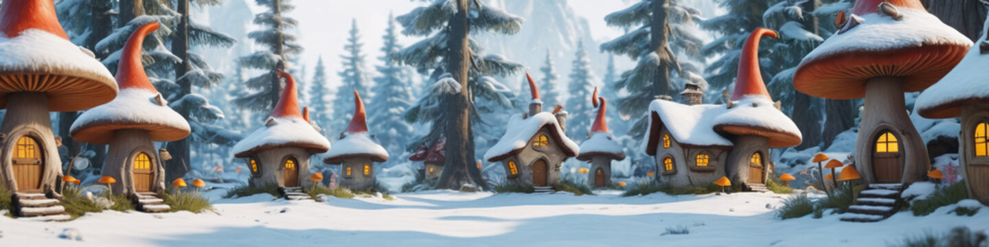 Magic gnome village with snow in a winter forest. Features cute fairy tale mushroom houses for an elf panorama background. Generative AI.