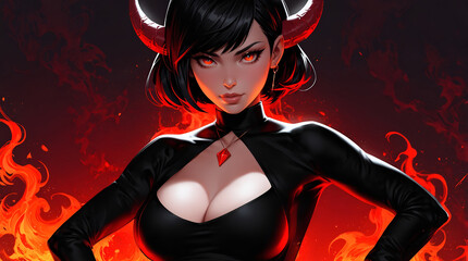 A woman demon devil with fiery red eyes in anime art style. Dark red background with fire. Desktop Wallpaper