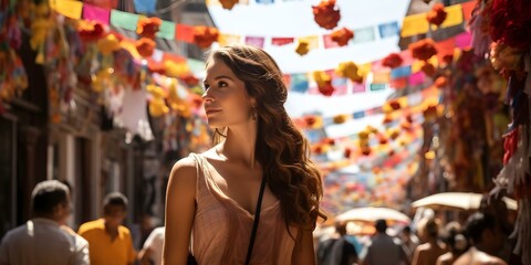 Wall Mural - A young woman explores a colorful market street in Mexico with curiosity. Concept Travel, Exploration, Culture, Lifestyle, Adventure