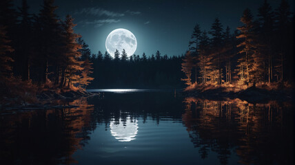 Wall Mural - A nighttime lake scene with a full moon reflecting on the water, surrounded by a dark forest. Generative AI.