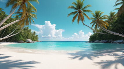 Wall Mural - A tranquil beach with turquoise waters, white sand, and palm trees swaying in the breeze. Generative AI.