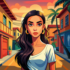 Wall Mural - Young beautiful hispanic woman standing with serious expression at street