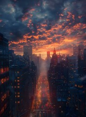 Wall Mural - A photo of a city street with tall buildings and a cloudy orange sky