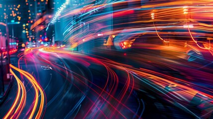 imagine an experimental shot of light trails from city traffic at night, with long exposure creating abstract patterns and vibrant colors --ar 16:9 --style raw 