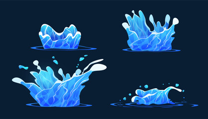 Blue water splash vector set, splashing fluids with droplets isolated, falling aqua drops, plash on the liquid puddle