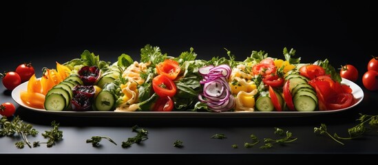 Wall Mural - colorful salad arranged in a vertical line on a plate perfect for any copy space image