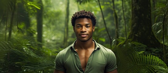 Wall Mural - african american man posing in front of a lush green forest creating a visually appealing image with