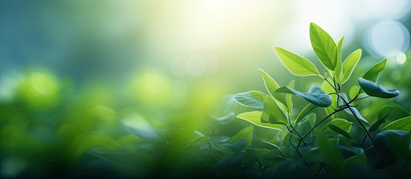 A blurred nature view with a green leaf in a garden offering a copy space image It serves as a summer background reflecting a scene of natural plants landscape ecology and a fresh wallpaper concept