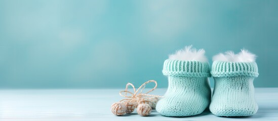 Wall Mural - copy space image of aquamarine background with knitted booties for newborn announcement concept acco